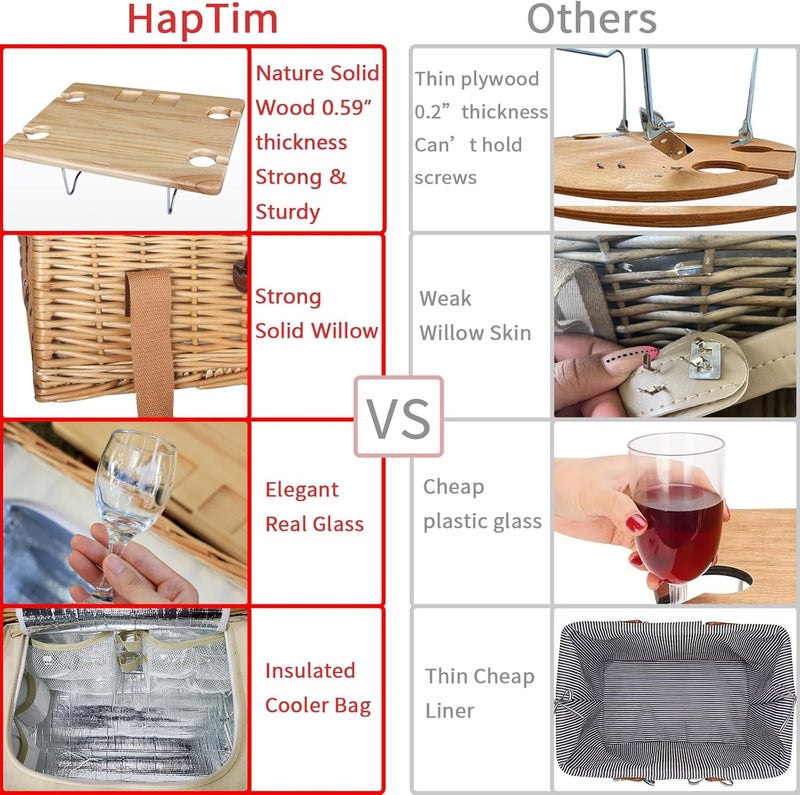 HapTim Wicker Picnic Basket for 4 with Mini Folding Wine Picnic Table & Large Insulated Cooler Bag & Cutlery Service Kits for 4 Person, Couples Gifts, Wedding Gifts (Y2307-4-CM) - Image 5